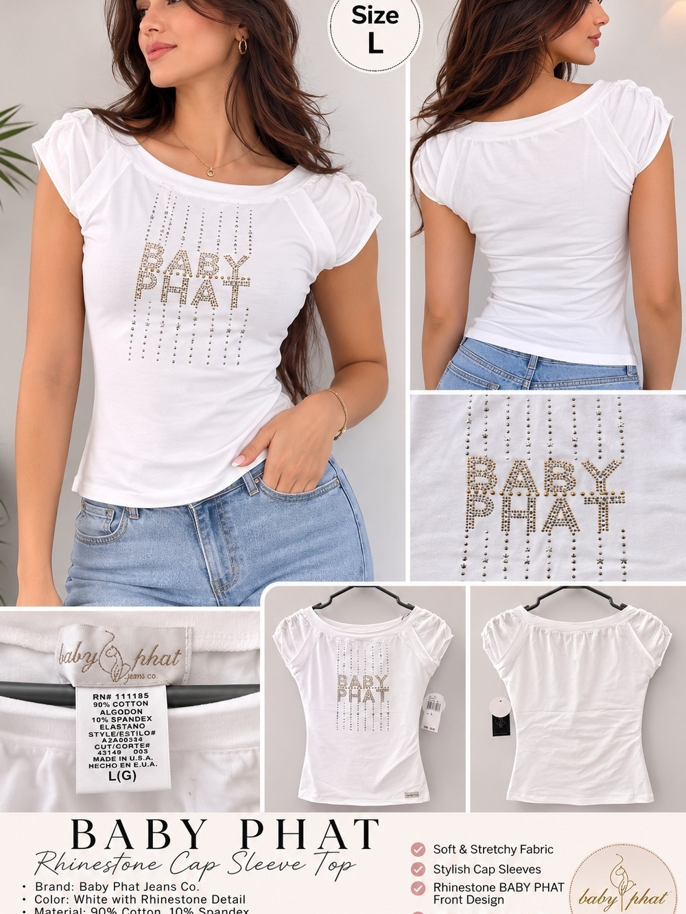 Baby Phat White Rhinestone Cap-Sleeve Tee